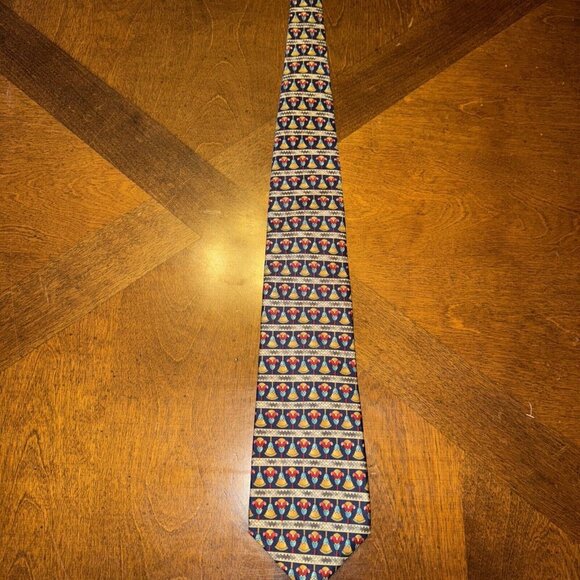 METROPOLITAN MUSEUM of ART 100% Silk Tie Navy with Yellow Red Patterned Tassels - Picture 3 of 6